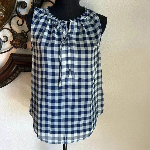 Liz Claiborne NWT Henley Ruffle Tank Navy Blue Gingham XS - Picture 1 of 16